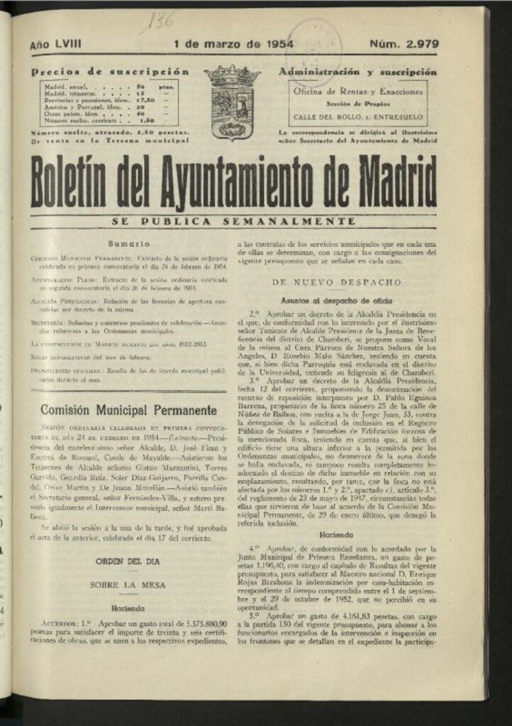 Miniatura de Boletín oficial del Ayuntamiento del 1 de marzo de 1954, nº 2979