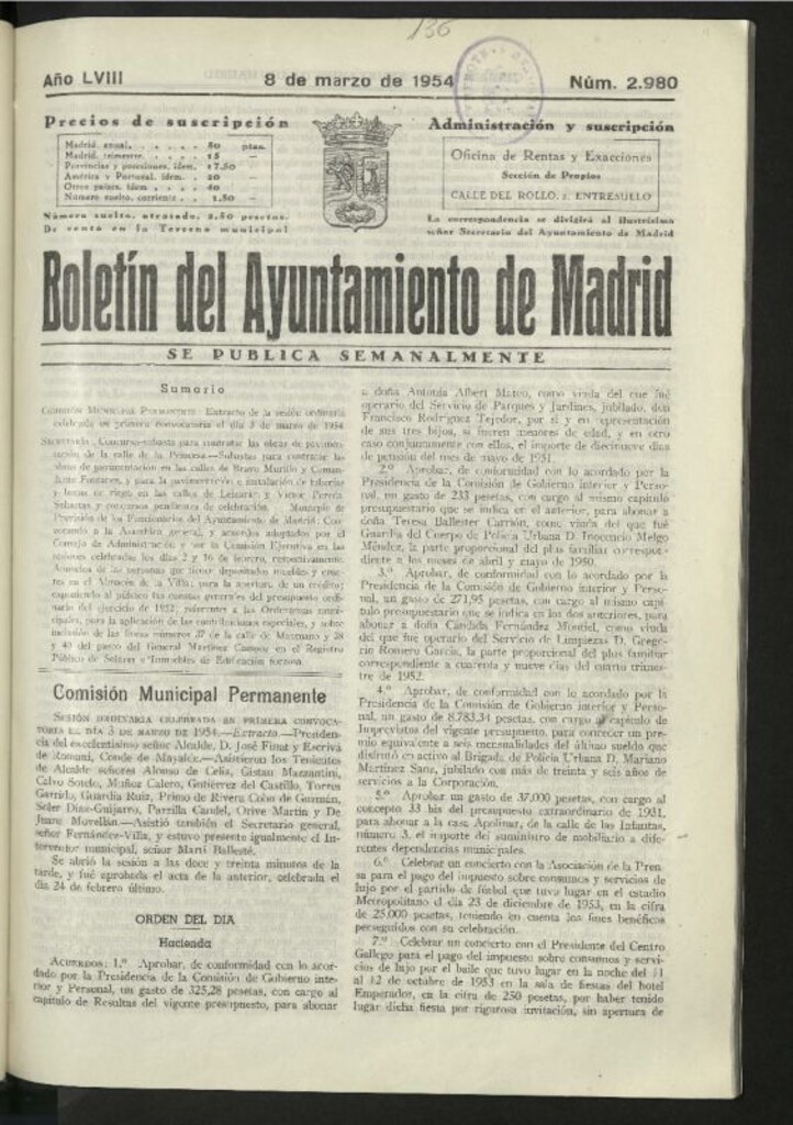 Miniatura de Boletín oficial del Ayuntamiento del 8 de marzo de 1954, nº 2980