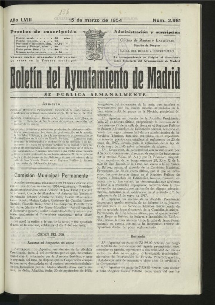 Miniatura de Boletín oficial del Ayuntamiento del 15 de marzo de 1954, nº 2981