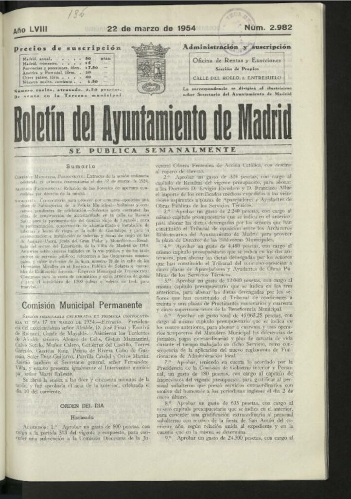 Miniatura de Boletín oficial del Ayuntamiento del 22 de marzo de 1954, nº 2982