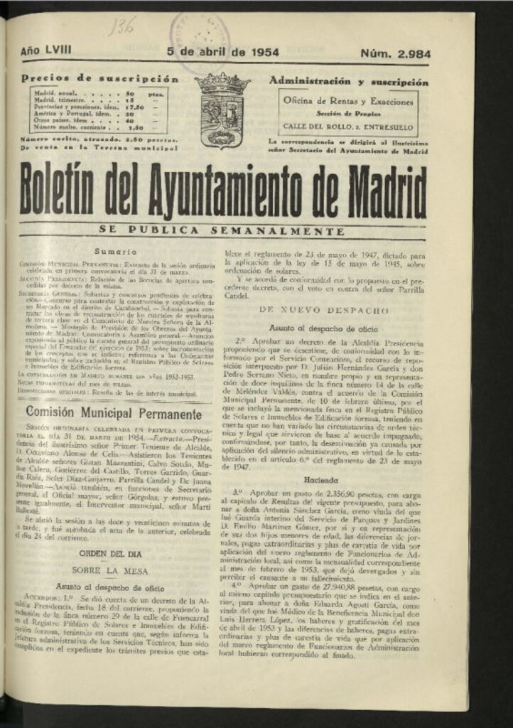 Miniatura de Boletín oficial del Ayuntamiento del 5 de abril de 1954, nº 2984