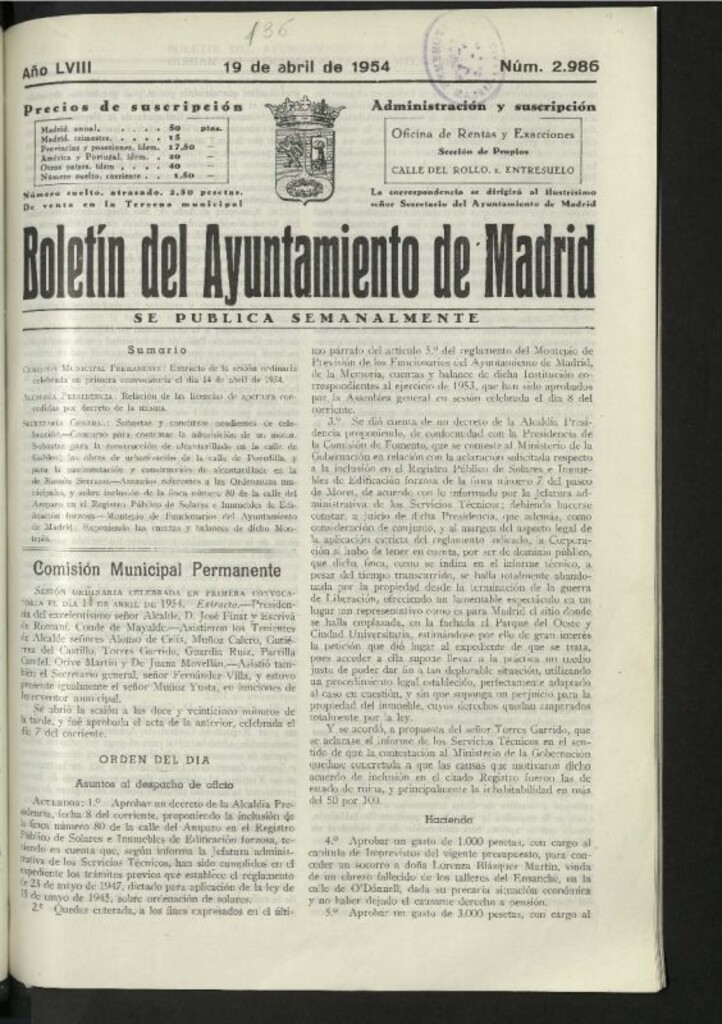 Miniatura de Boletín oficial del Ayuntamiento del 19 de abril de 1954, nº 2986
