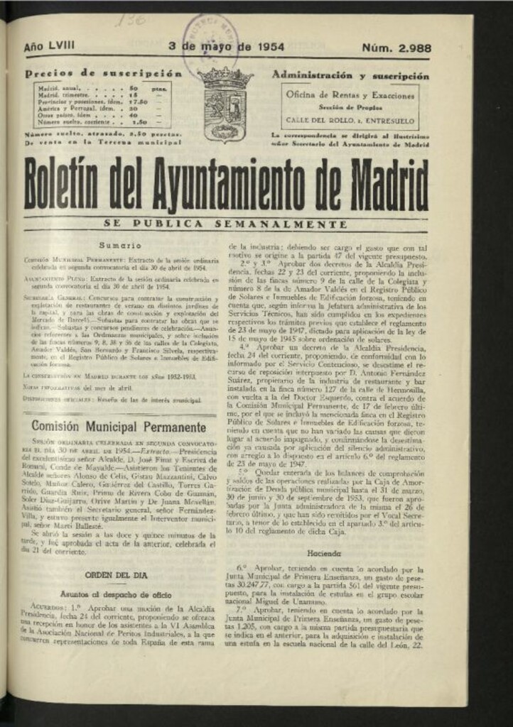 Miniatura de Boletín oficial del Ayuntamiento del 3 de mayo de 1954, nº 2988