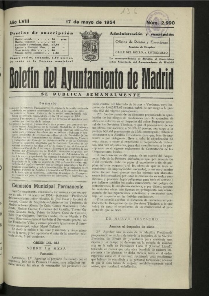 Miniatura de Boletín oficial del Ayuntamiento del 17 de mayo de 1954, nº 2990