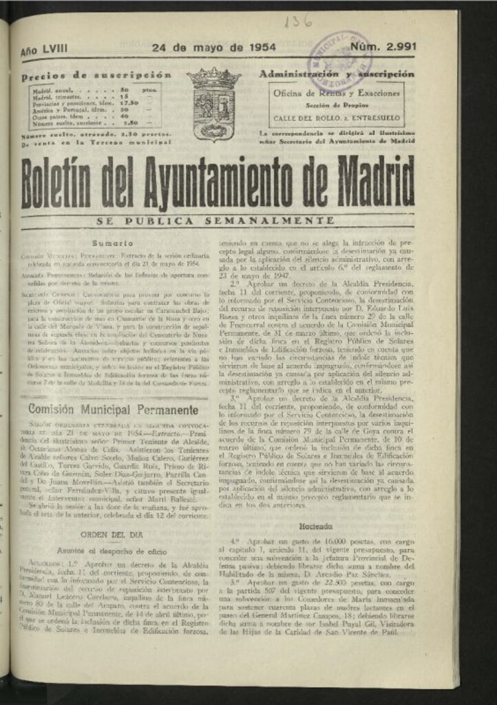 Miniatura de Boletín oficial del Ayuntamiento del 24 de mayo de 1954, nº 2991