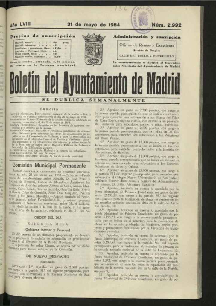 Miniatura de Boletín oficial del Ayuntamiento del 31 de mayo de 1954, nº 2992
