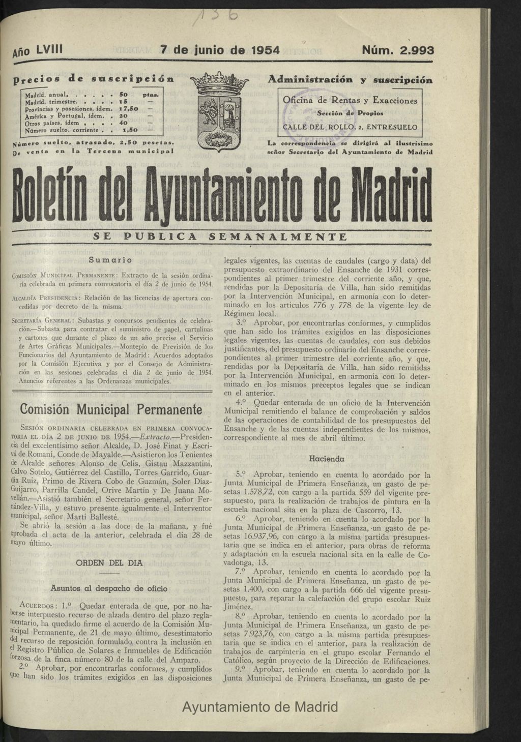 Miniatura de Boletín oficial del Ayuntamiento del 7 de junio de 1954, nº 2993