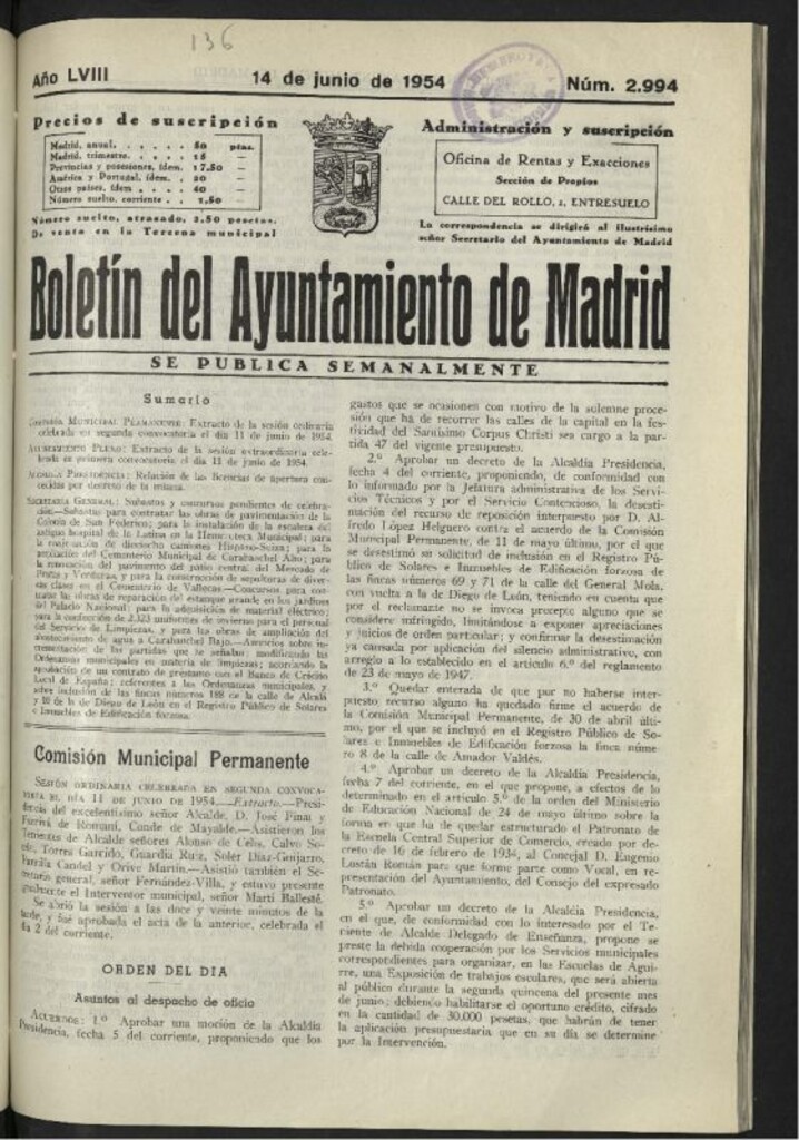 Miniatura de Boletín oficial del Ayuntamiento del 14 de junio de 1954, nº 2994