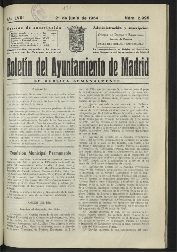 Miniatura de Boletín oficial del Ayuntamiento del 21 de junio de 1954, nº 2995