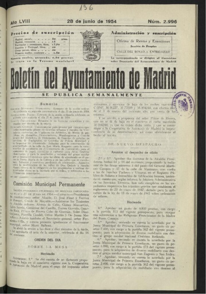 Miniatura de Boletín oficial del Ayuntamiento del 28 de junio de 1954, nº 2996