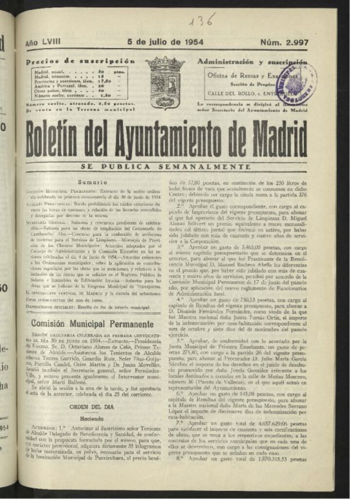 Miniatura de Boletín oficial del Ayuntamiento del 5 de julio de 1954, nº 2997