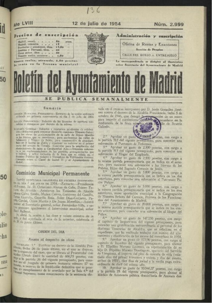 Miniatura de Boletín oficial del Ayuntamiento del 12 de julio de 1954, nº 2998