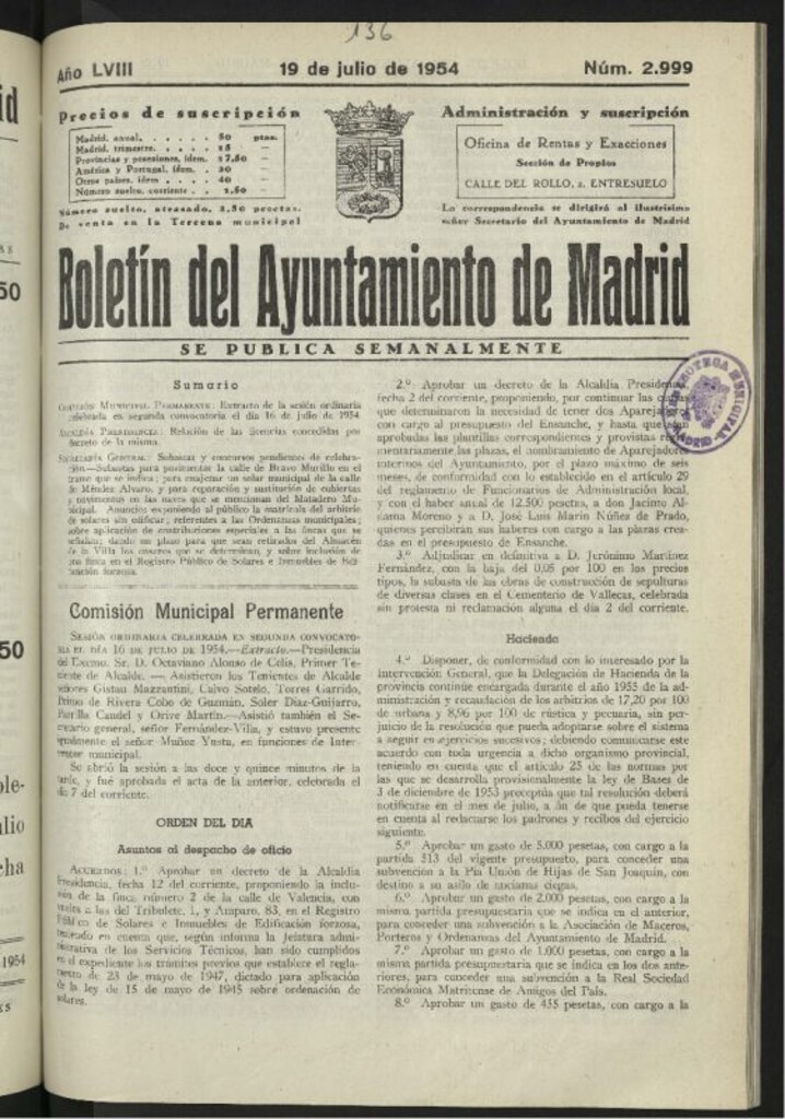 Miniatura de Boletín oficial del Ayuntamiento del 19 de julio de 1954, nº 2999