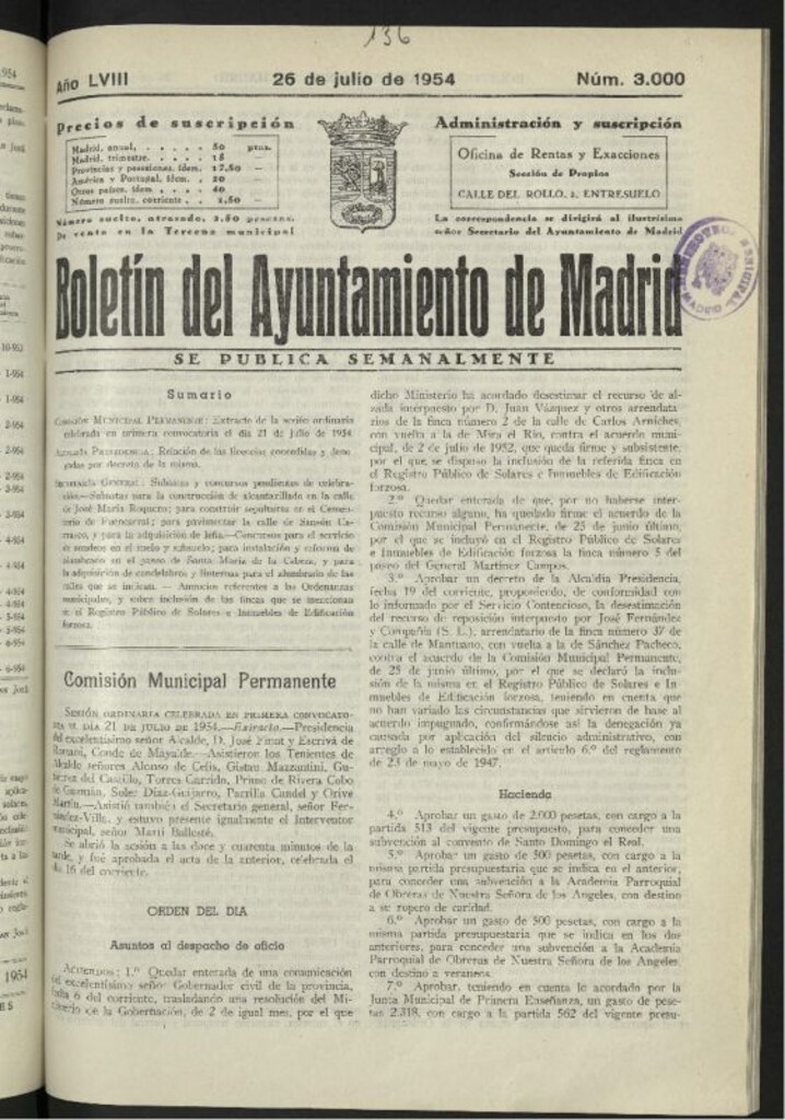 Miniatura de Boletín oficial del Ayuntamiento del 26 de julio de 1954, nº 3000