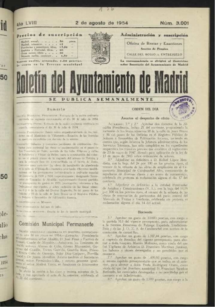 Miniatura de Boletín oficial del Ayuntamiento del 2 de agosto de 1954, nº 3001