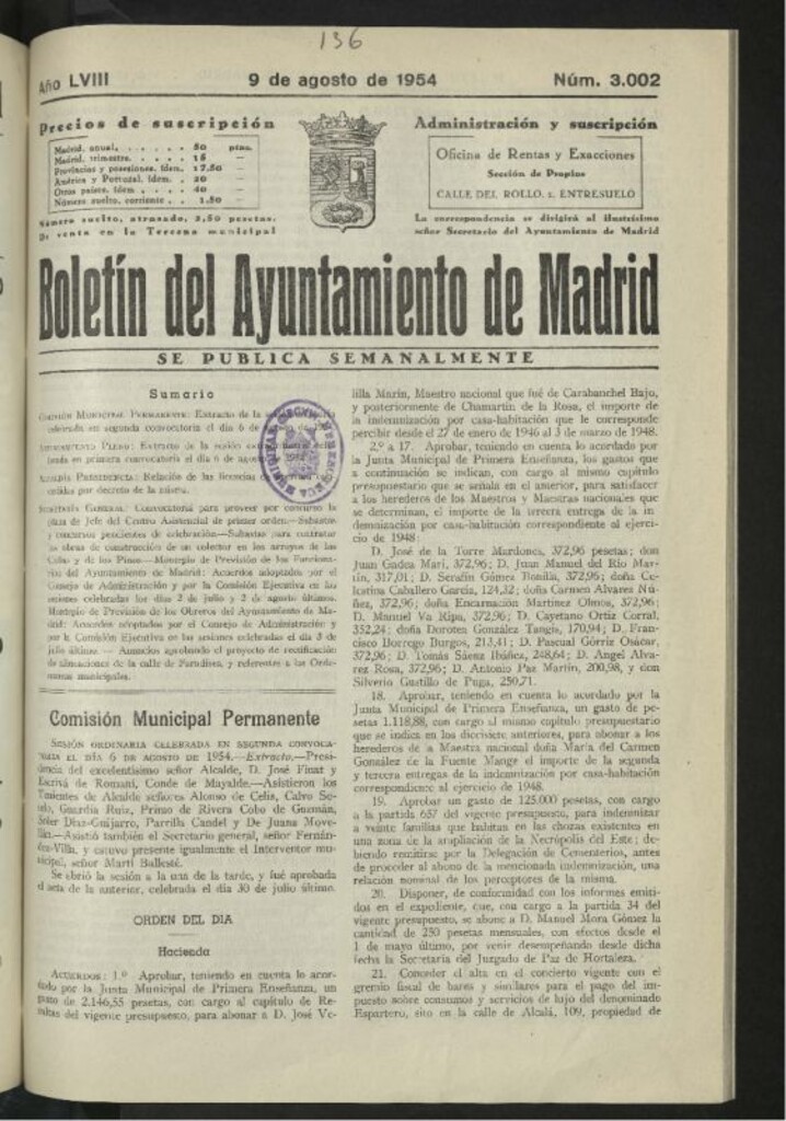 Miniatura de Boletín oficial del Ayuntamiento del 9 de agosto de 1954, nº 3002