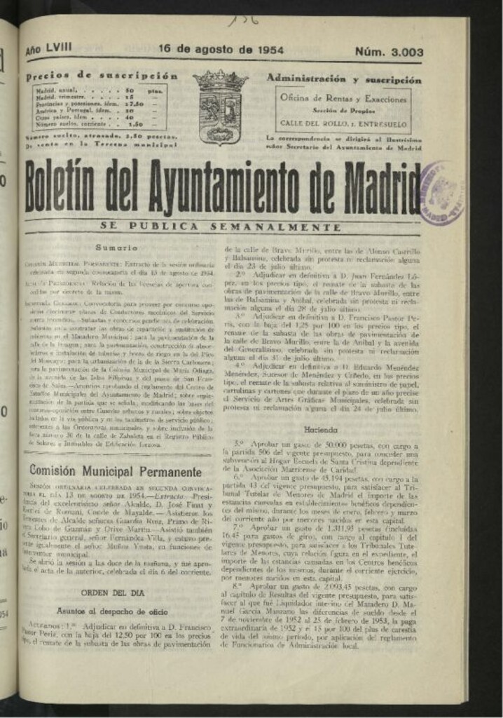 Miniatura de Boletín oficial del Ayuntamiento del 16 de agosto de 1954, nº 3003