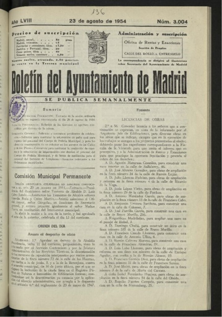 Miniatura de Boletín oficial del Ayuntamiento del 23 de agosto de 1954, nº 3004