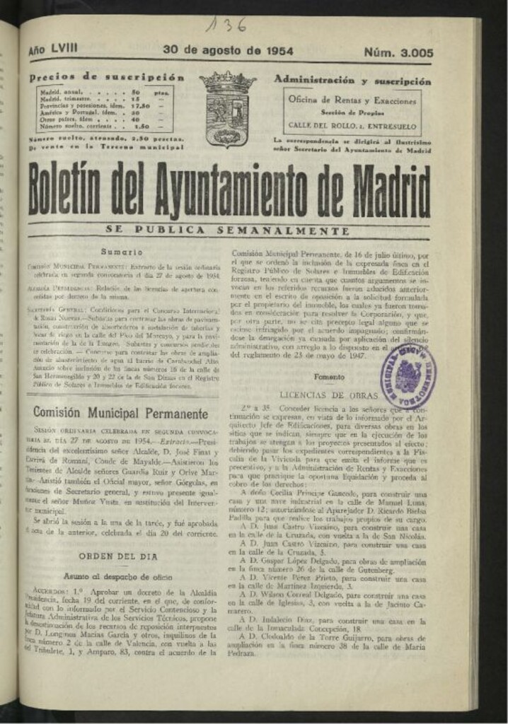 Miniatura de Boletín oficial del Ayuntamiento del 30 de agosto de 1954, nº 3005