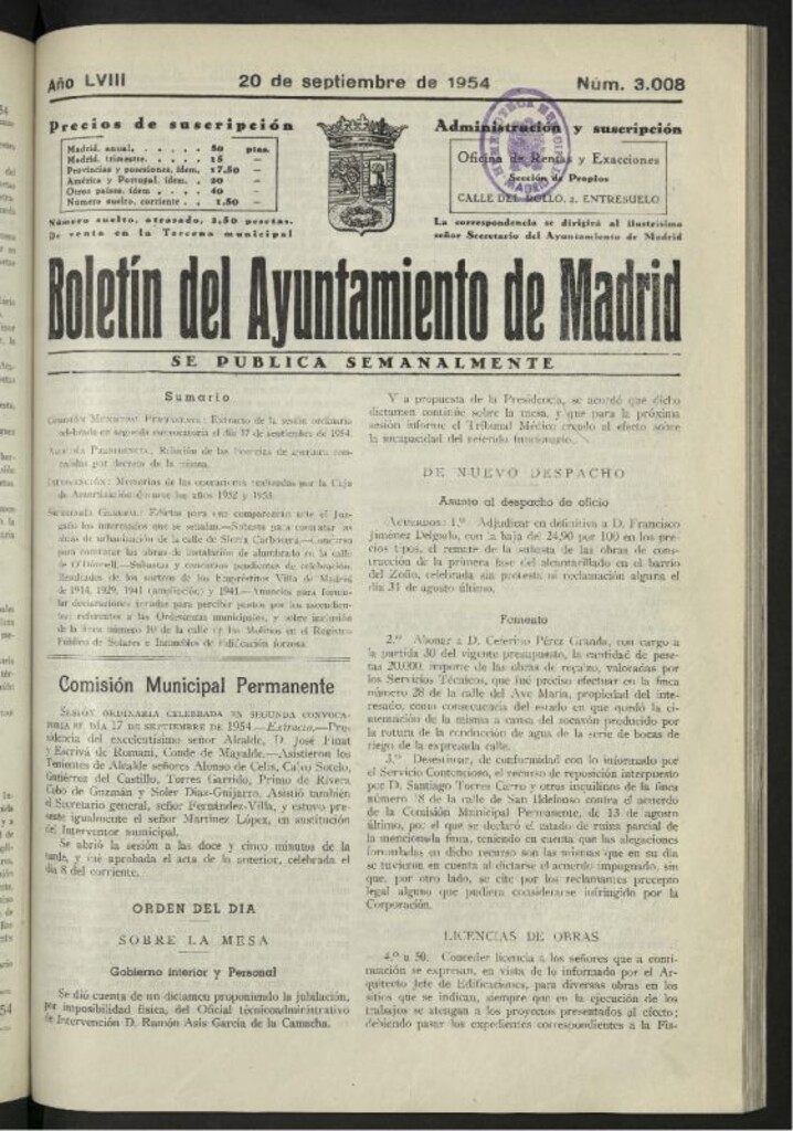 Miniatura de Boletín oficial del Ayuntamiento del 20 de septiembre de 1954, nº 3008