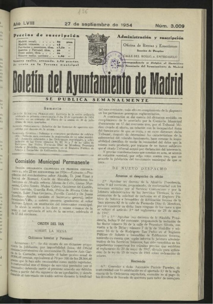 Miniatura de Boletín oficial del Ayuntamiento del 27 de septiembre de 1954, nº 3009