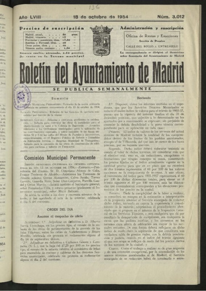 Miniatura de Boletín oficial del Ayuntamiento del 18 de octubre de 1954, nº 3012