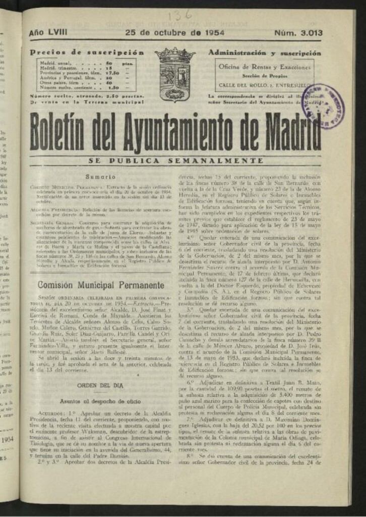 Miniatura de Boletín oficial del Ayuntamiento del 25 de octubre de 1954, nº 3013