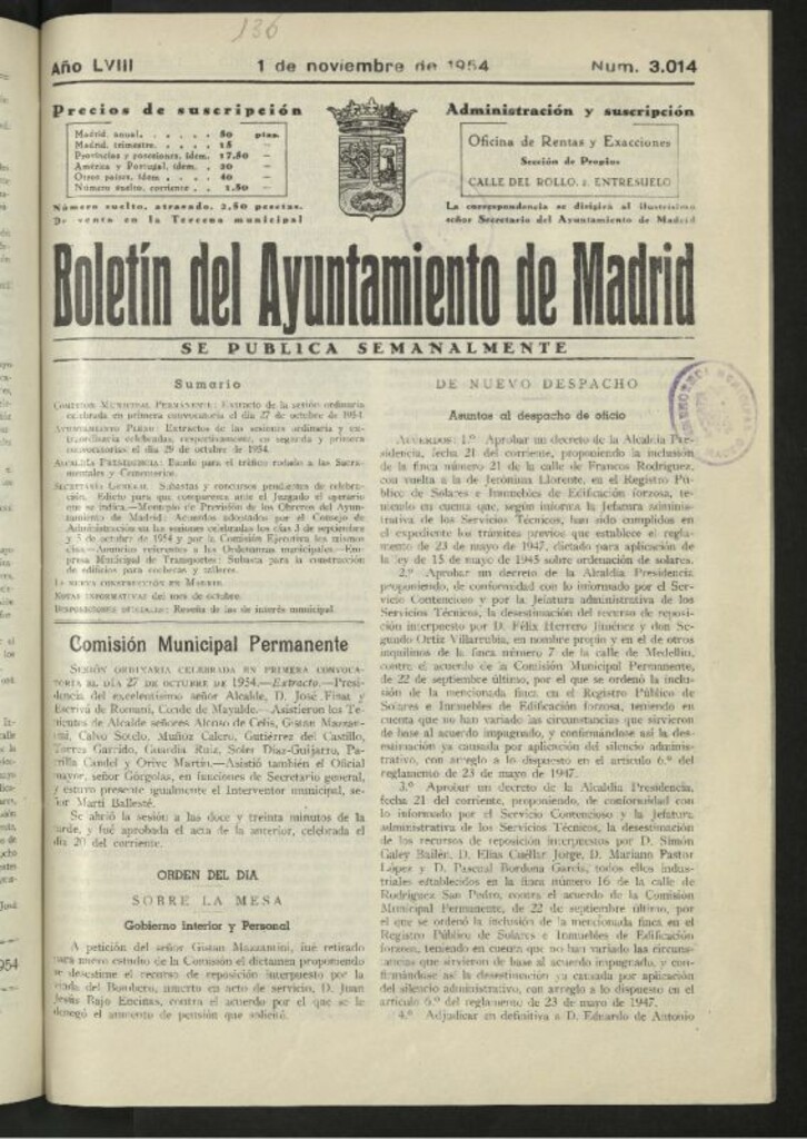 Miniatura de Boletín oficial del Ayuntamiento del 1 de noviembre de 1954, nº 3014
