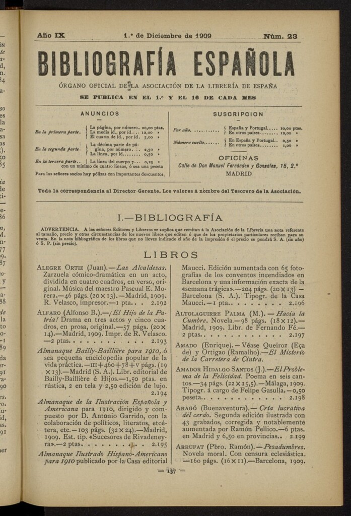 Miniatura de Bibliografía Española del 1 de diciembre de 1909