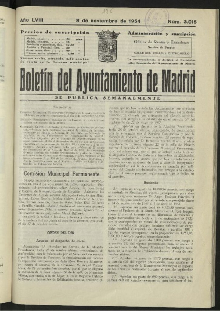 Miniatura de Boletín oficial del Ayuntamiento del 8 de noviembre de 1954, nº 3015