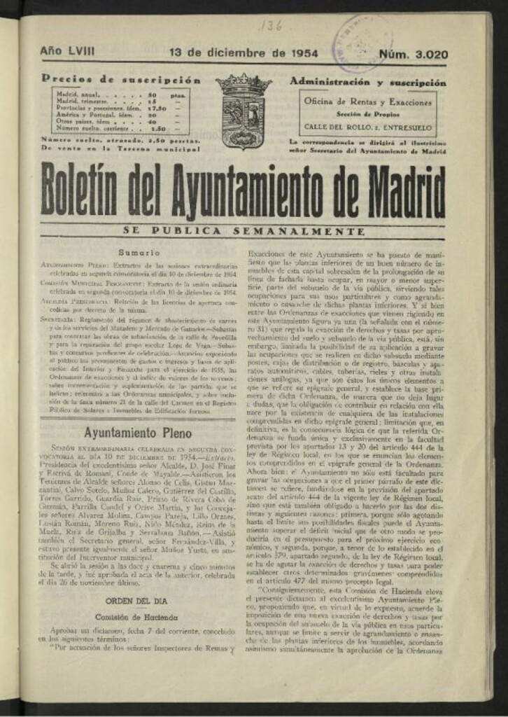 Miniatura de Boletín oficial del Ayuntamiento del 13 de diciembre de 1954, nº 3020