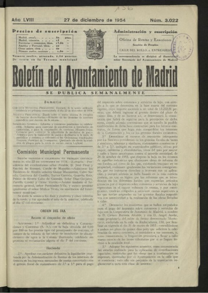 Miniatura de Boletín oficial del Ayuntamiento del 27 de diciembre de 1954, nº 3022