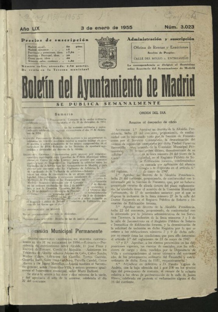 Miniatura de Boletín oficial del Ayuntamiento del 3 de enero de 1955, nº 3023