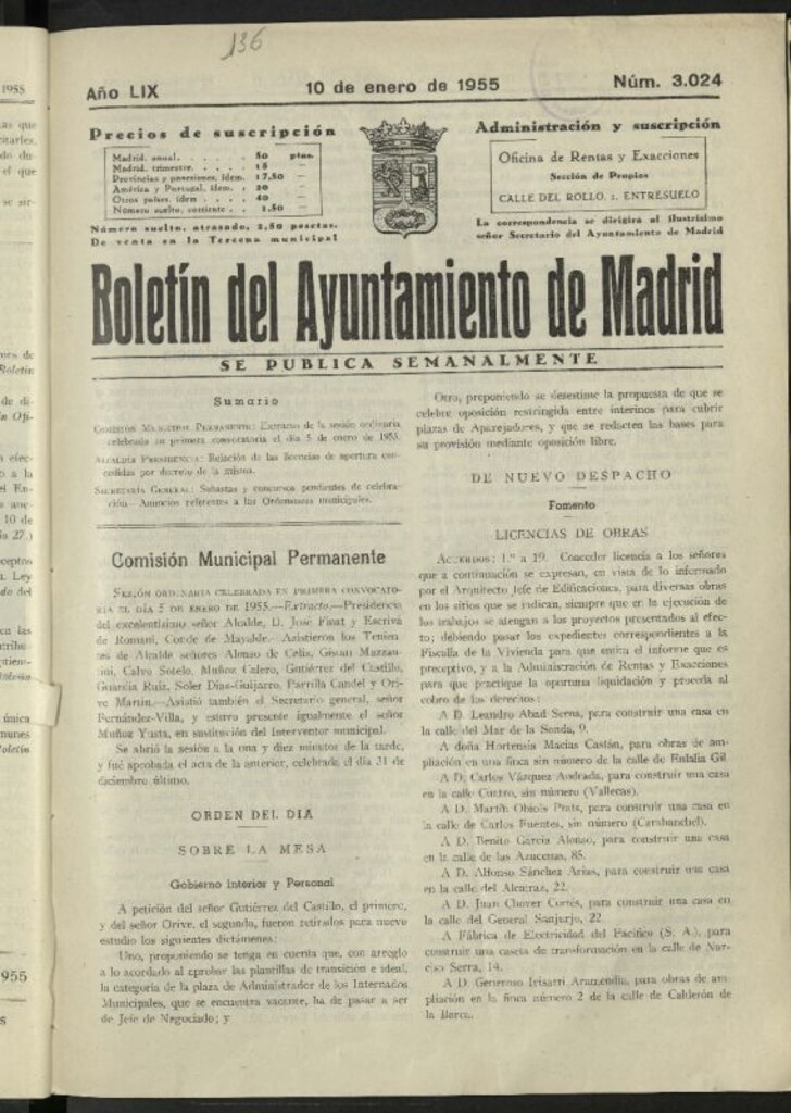 Miniatura de Boletín oficial del Ayuntamiento del 10 de enero de 1955, nº 3024