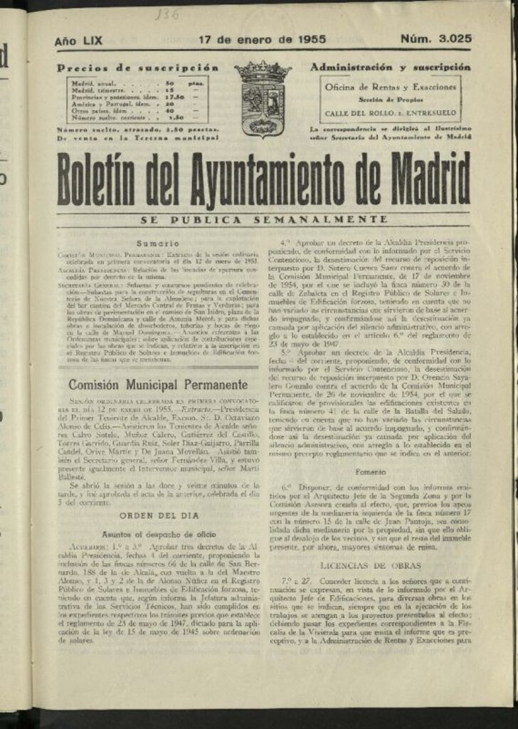 Miniatura de Boletín oficial del Ayuntamiento del 17 de enero de 1955, nº 3025