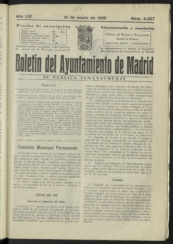 Miniatura de Boletín oficial del Ayuntamiento del 31 de enero de 1955, nº 3027