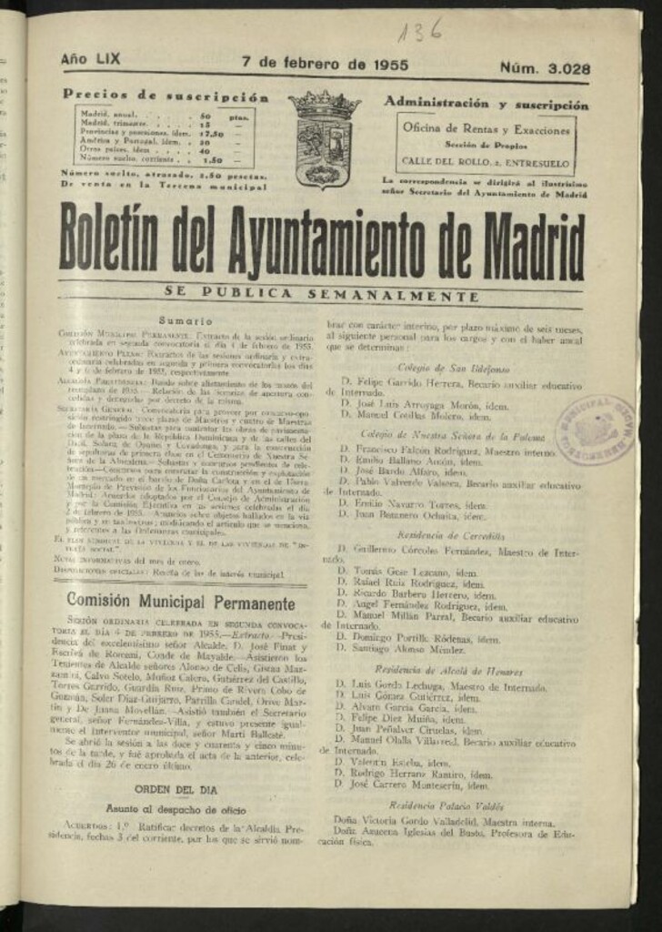 Miniatura de Boletín oficial del Ayuntamiento del 7 de febrero de 1955, nº 3028