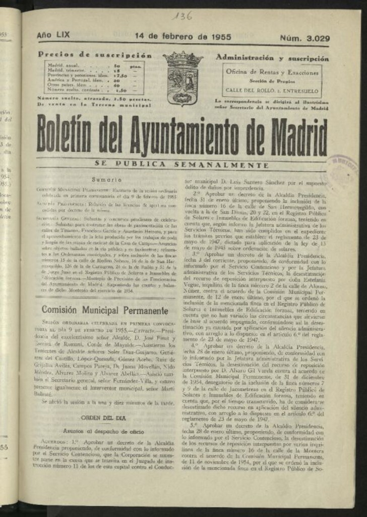 Miniatura de Boletín oficial del Ayuntamiento del 14 de febrero de 1955, nº 3029