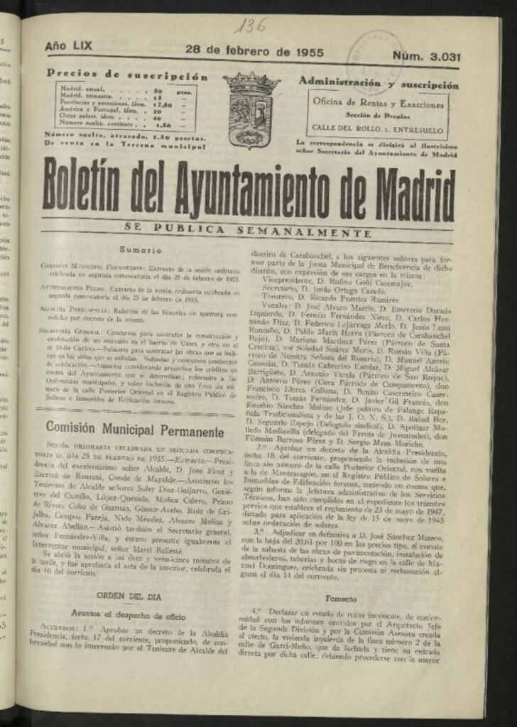 Miniatura de Boletín oficial del Ayuntamiento del 28 de febrero de 1955, nº 3031