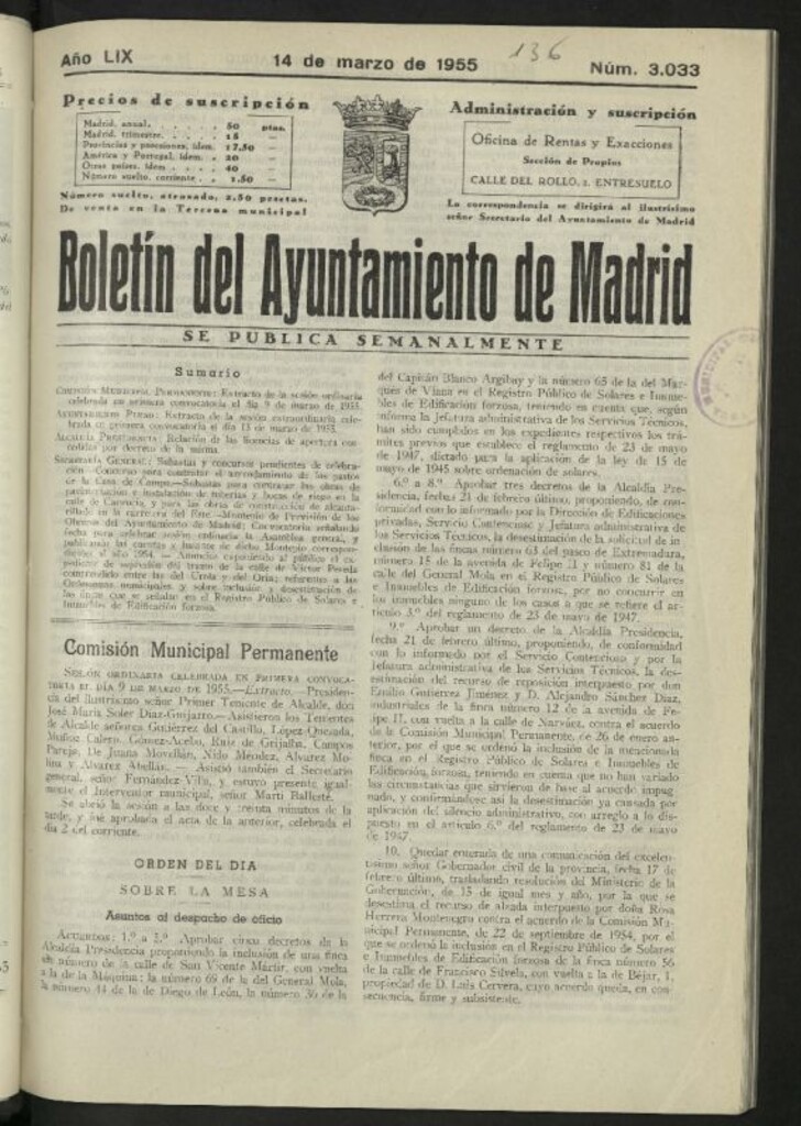 Miniatura de Boletín oficial del Ayuntamiento del 14 de marzo de 1955, nº 3033