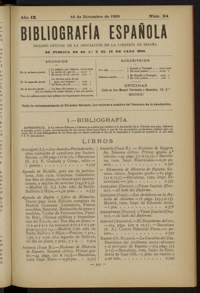 Miniatura de Bibliografía Española del 16 de diciembre de 1909