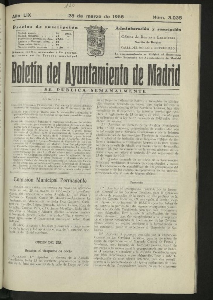 Miniatura de Boletín oficial del Ayuntamiento del 28 de marzo de 1955, nº 3035