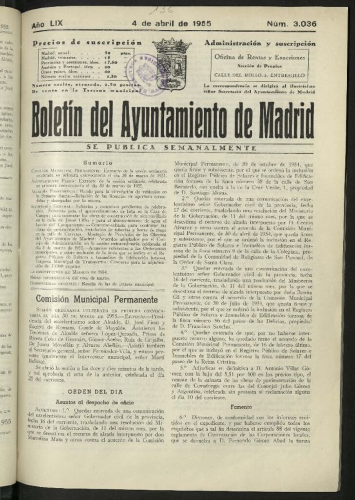 Miniatura de Boletín oficial del Ayuntamiento del 4 de abril de 1955, nº 3036