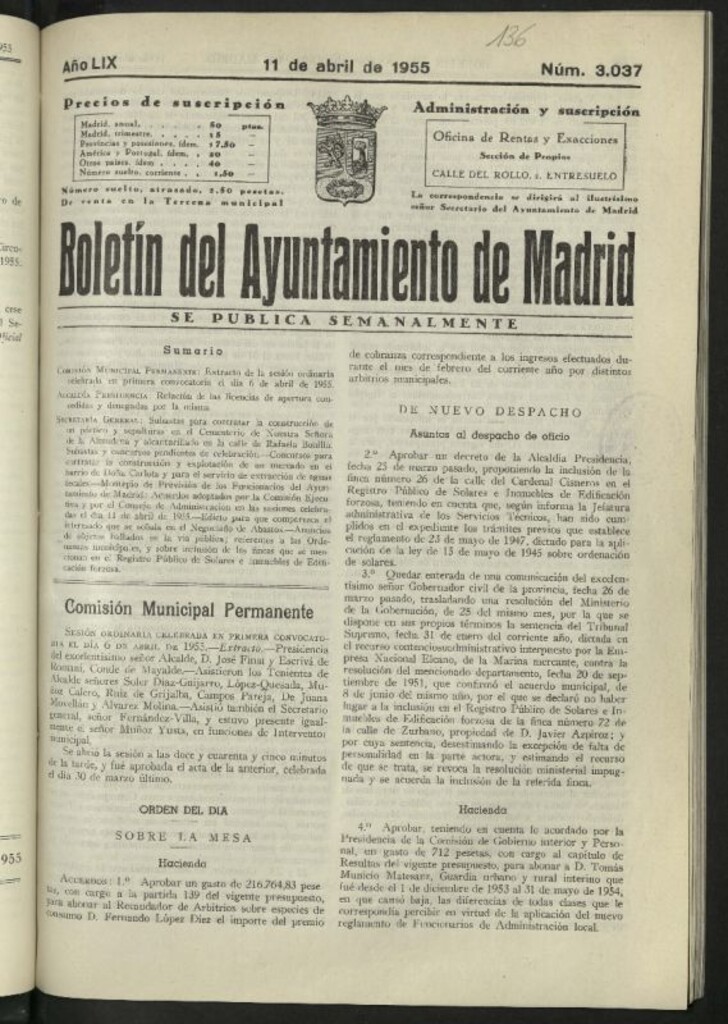 Miniatura de Boletín oficial del Ayuntamiento del 11 de abril de 1955, nº 3037