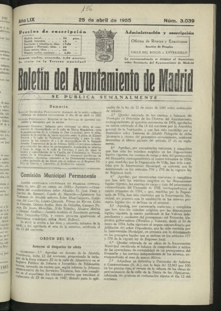 Miniatura de Boletín oficial del Ayuntamiento del 25 de abril de 1955, nº 3039