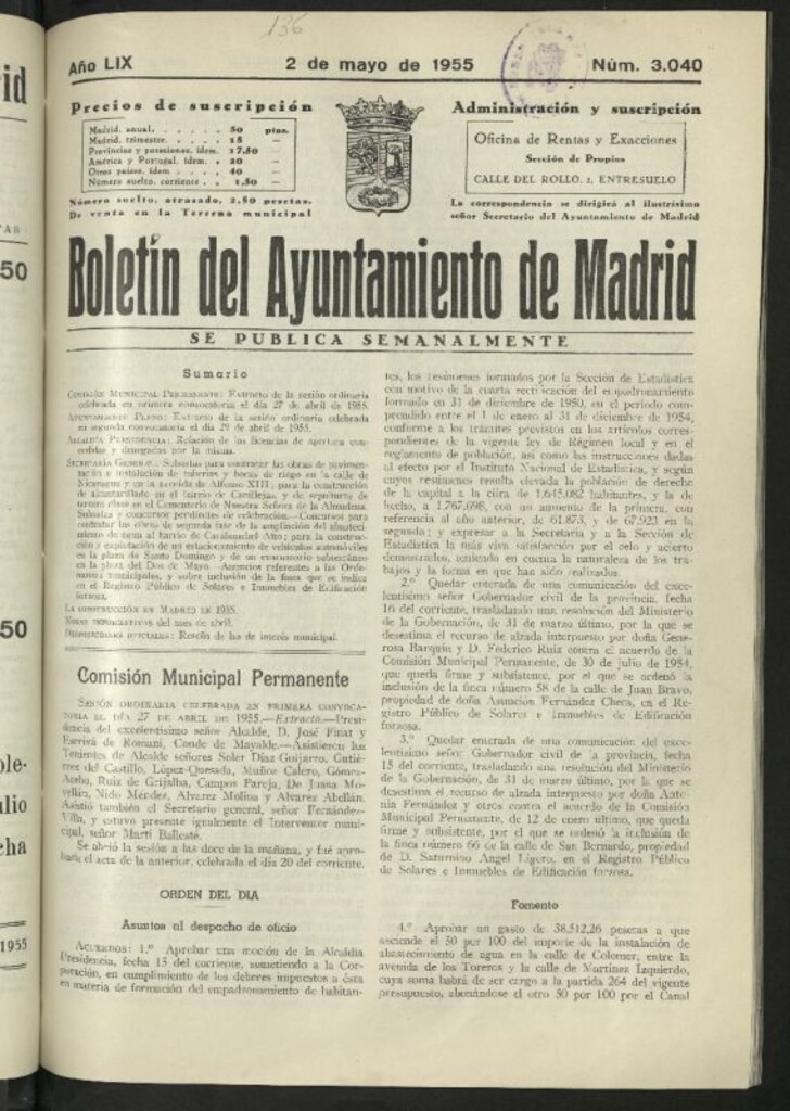 Miniatura de Boletín oficial del Ayuntamiento del 2 de mayo de 1955, nº 3040