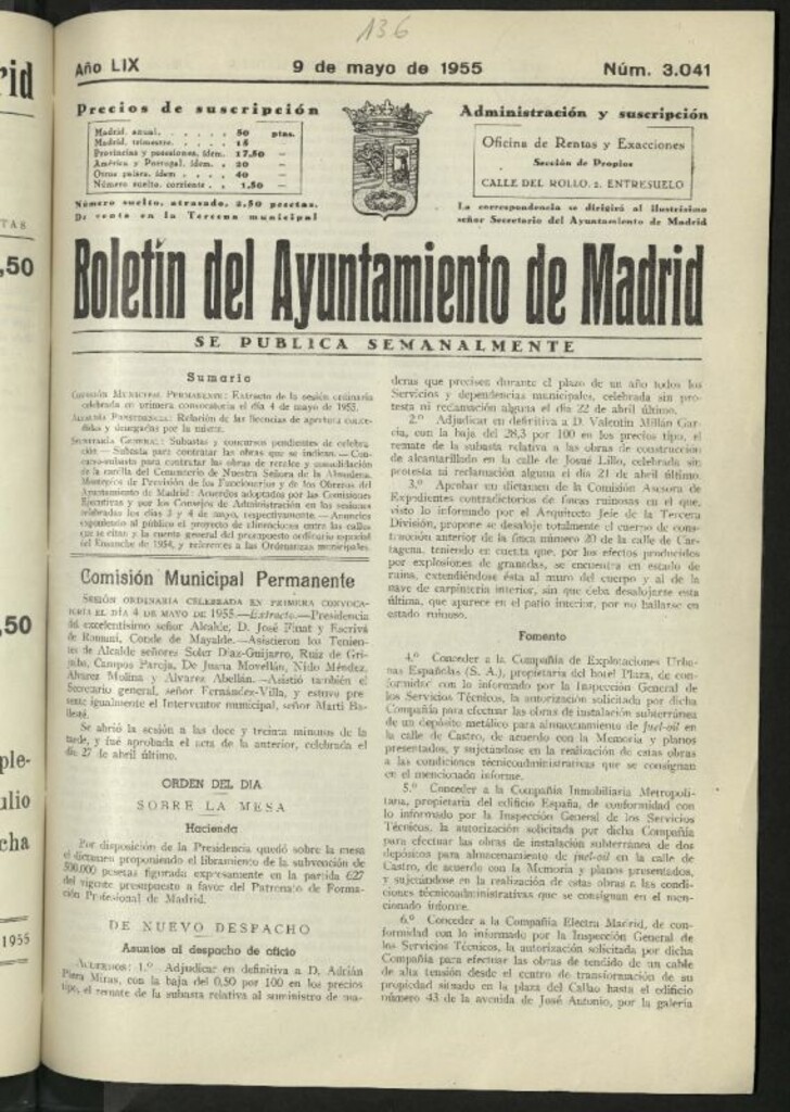 Miniatura de Boletín oficial del Ayuntamiento del 9 de mayo de 1955, nº 3041
