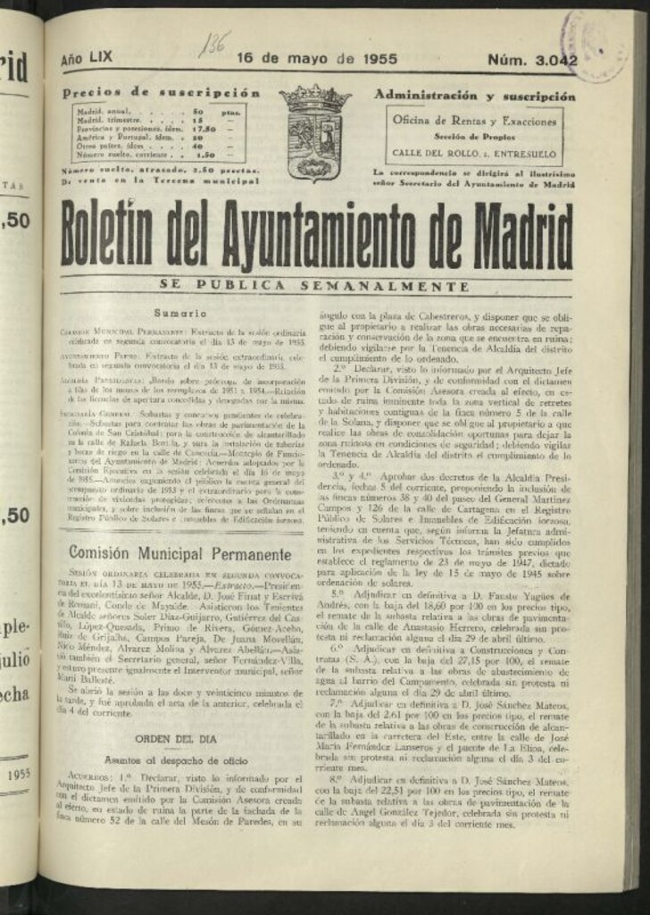 Miniatura de Boletín oficial del Ayuntamiento del 16 de mayo de 1955, nº 3042