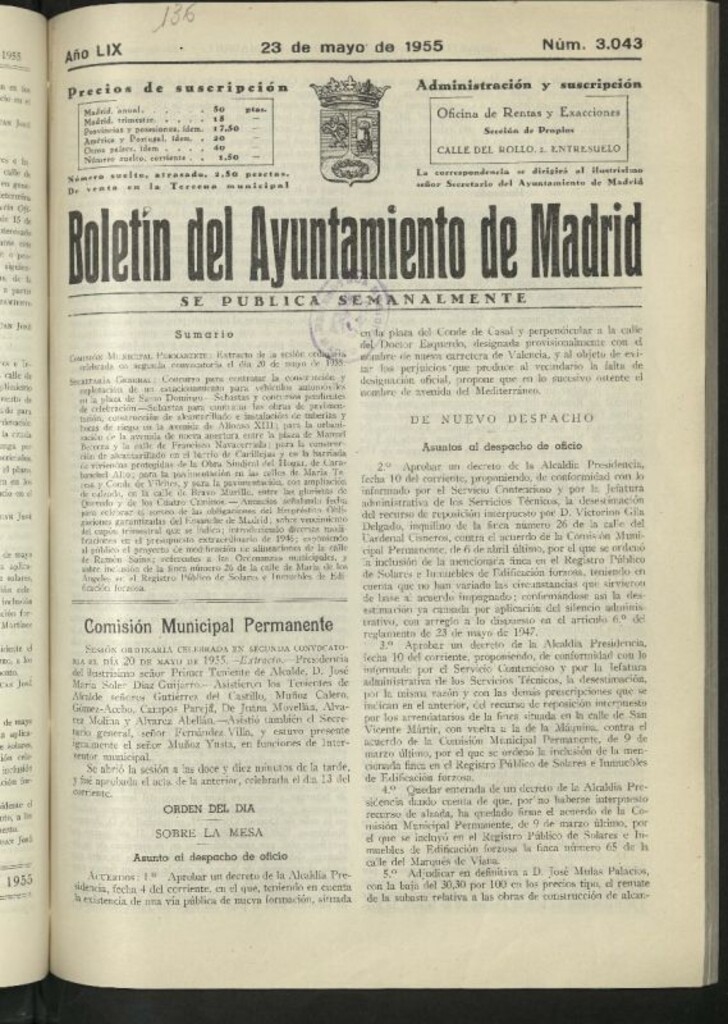 Miniatura de Boletín oficial del Ayuntamiento del 23 de mayo de 1955, nº 3043