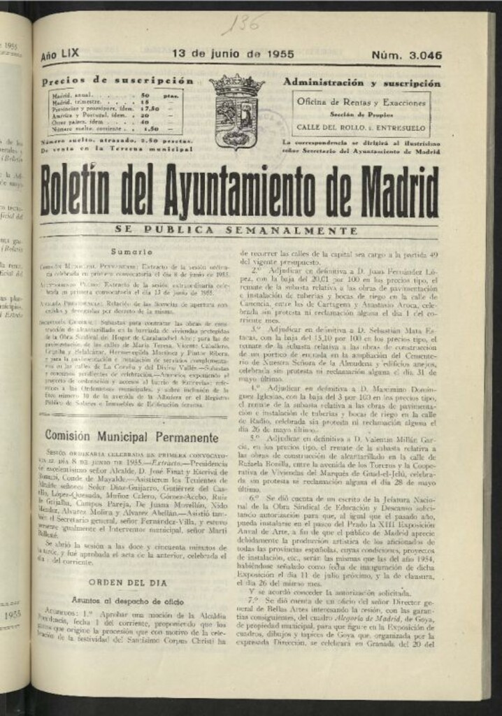 Miniatura de Boletín oficial del Ayuntamiento del 13 de junio de 1955, nº 3046